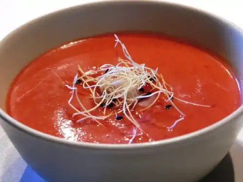 Gluten-Free Spanish Gazpacho - Gazpacho de Cerezas con Arenques y Brotes de Ajo by jlastras is licensed under CC BY 2.0.